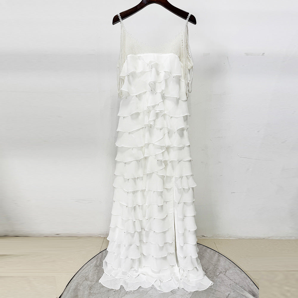 AIIZIE white nail bead layered lotus leaf slit maxi dress - product image