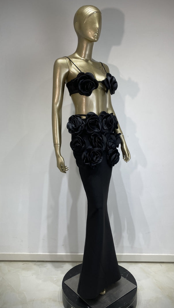 AIIZIE BLACK FLOWERED TOP AND LONG MIDI SKIRT SET - product image