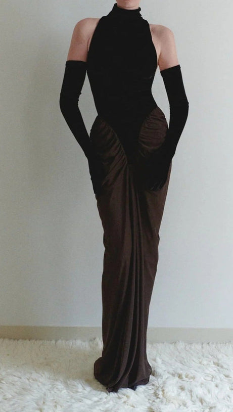 ABITO LUNGO IN PATCHWORK DI VELLUTO E RETE NERO