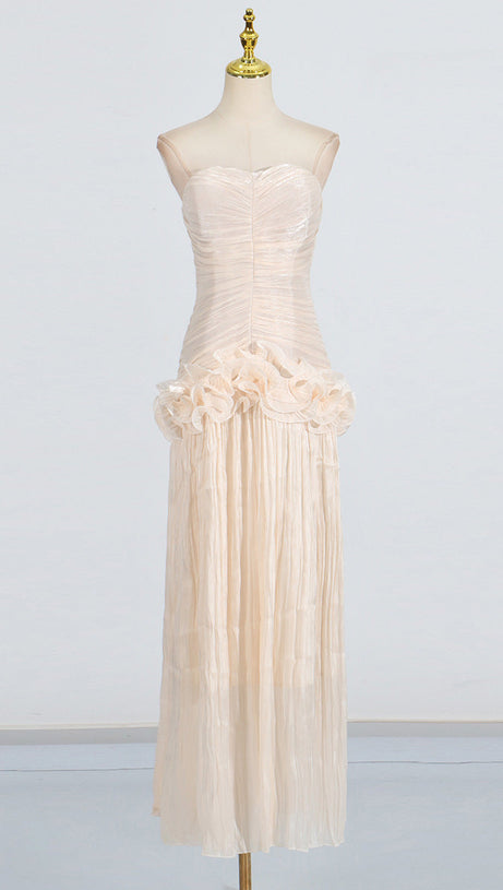 RUFFLE-EMBELLISHED PLEATED MAXI DRESS IN APRICOT
