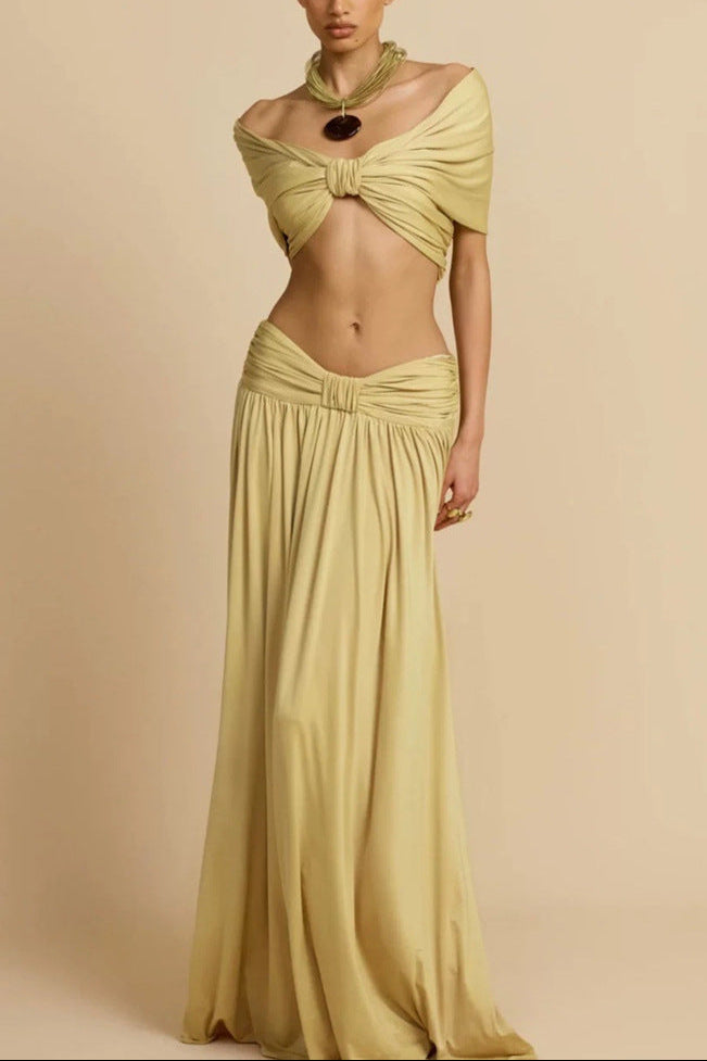 Pleated Crop Top and Maxi Skirt Set in Soft Gold