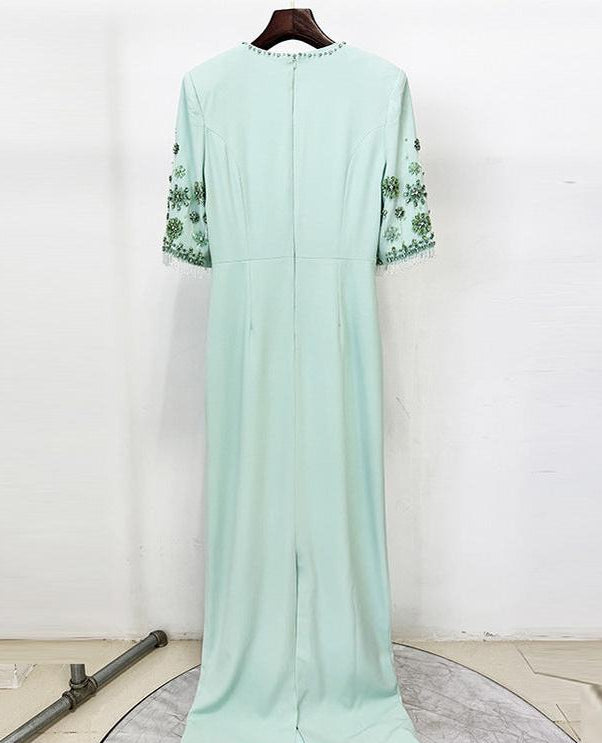 Mint Green Beaded Maxi Gown with Floral Sleeves