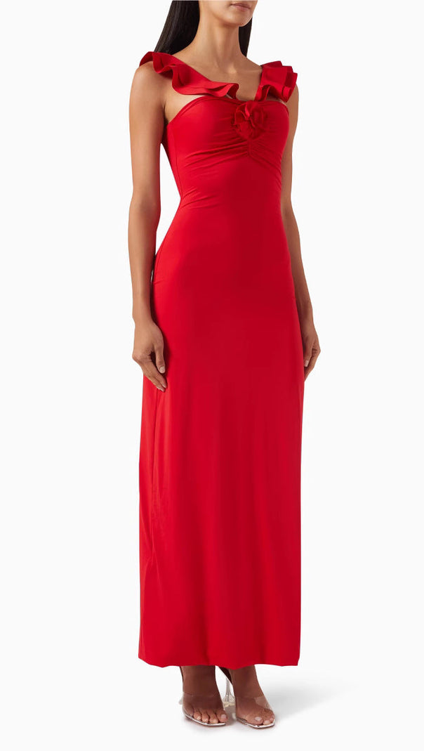AIIZIE FLORAL RUFFLE TRIM HALTER MIDI DRESS IN RED - product image