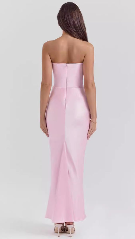 PINK VELVET STRAPLESS CORSET MAXI DRESS