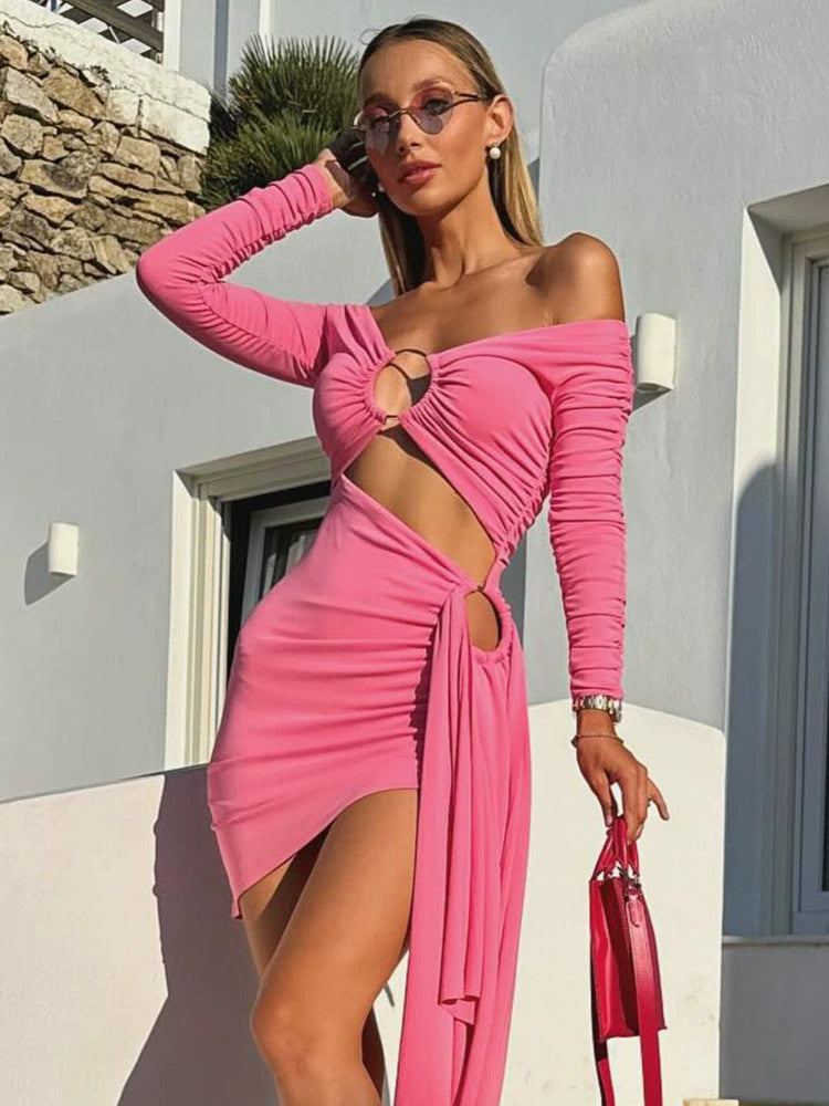 AIIZIE ANNA PINK HOLLOW OUT RUCHED TIGHT MINI DRESS - product image