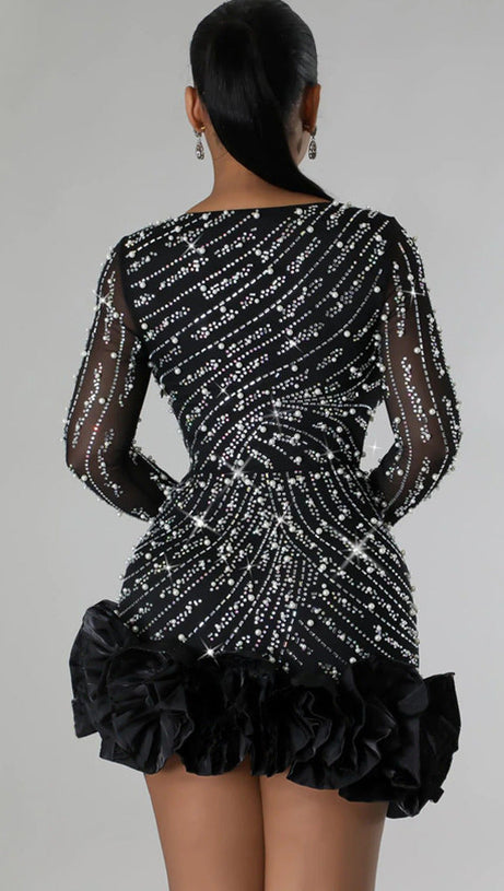 HAWKEYE DAZZLING BLACK CRYSTAL & PEARL BEADED LONG SLEEVE MINI DRESS