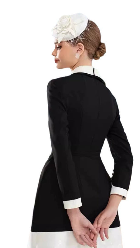 RENEE FLOWER EMBELLISHED BLACK A-LINE SILK MINI DRESS