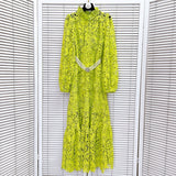 TARA GREEN LACE EMBROIDERED LONG SLEEVE MIDI DRESS