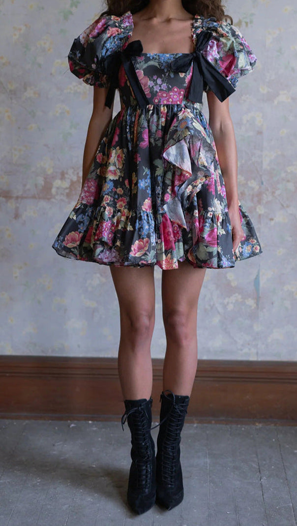 AIIZIE BASIA FLORAL PRINT RUFFLE TRIM HEM PUFF MINI DRESS - product image