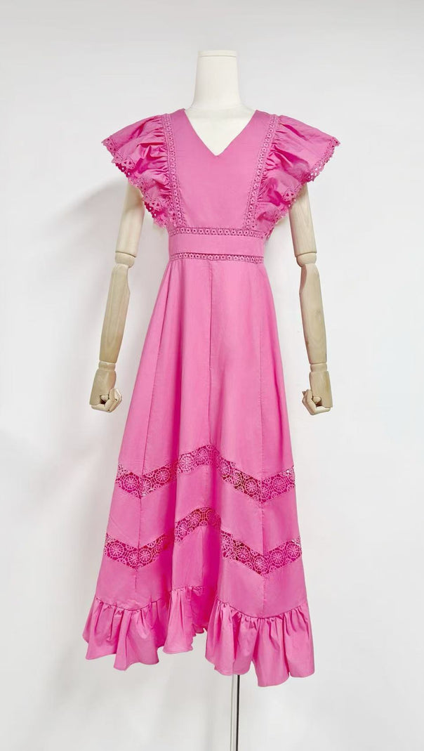 AIIZIE PINK FLYING - SLEEVE LACE - PANELED MIDI DRESS - product image