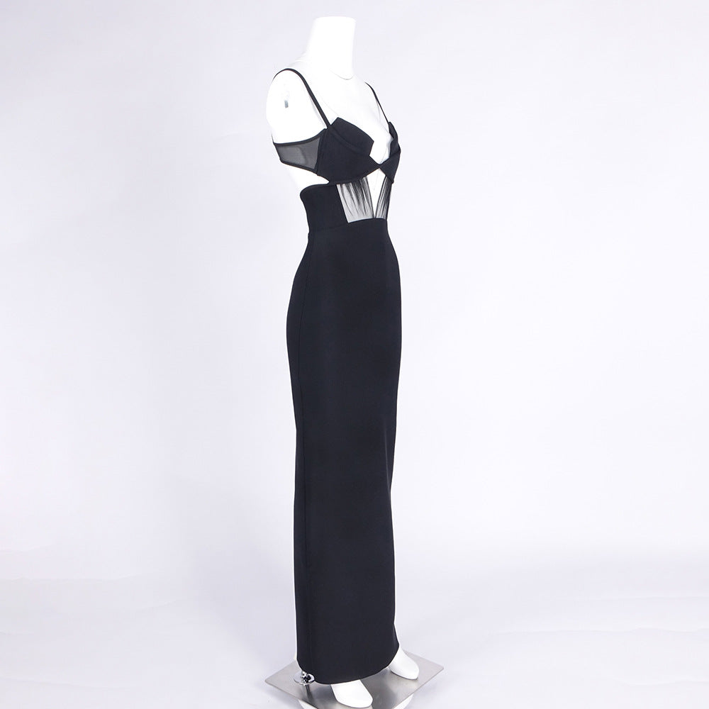 AIIZIE BACK SLIT KNITTED BANDAGE MAXI DRESS IN BLACK - product image