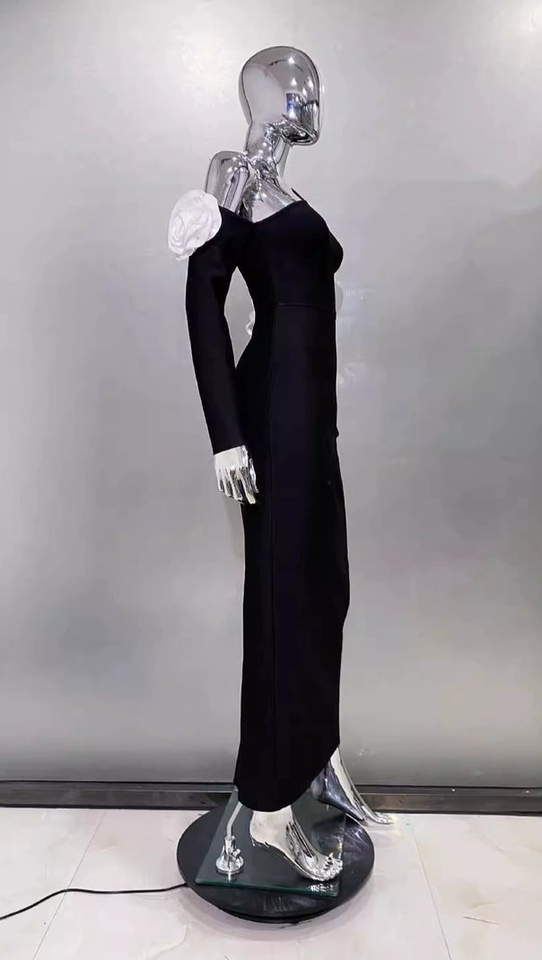 AIIZIE ONE SHOULDER FLOWER EMBELLISHED CUTOUT BANDAGE MAXI DRESS IN BLACK - product image