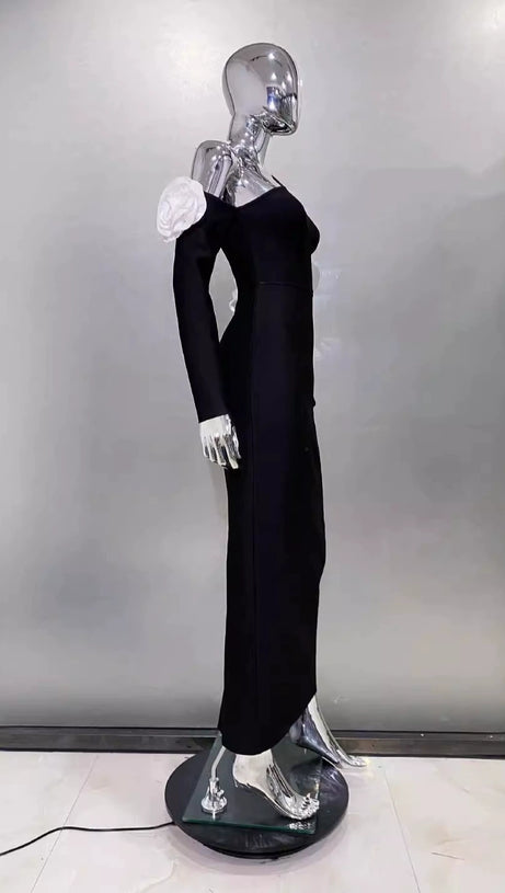 ONE SHOULDER FLOWER EMBELLISHED CUTOUT BANDAGE MAXI DRESS IN BLACK