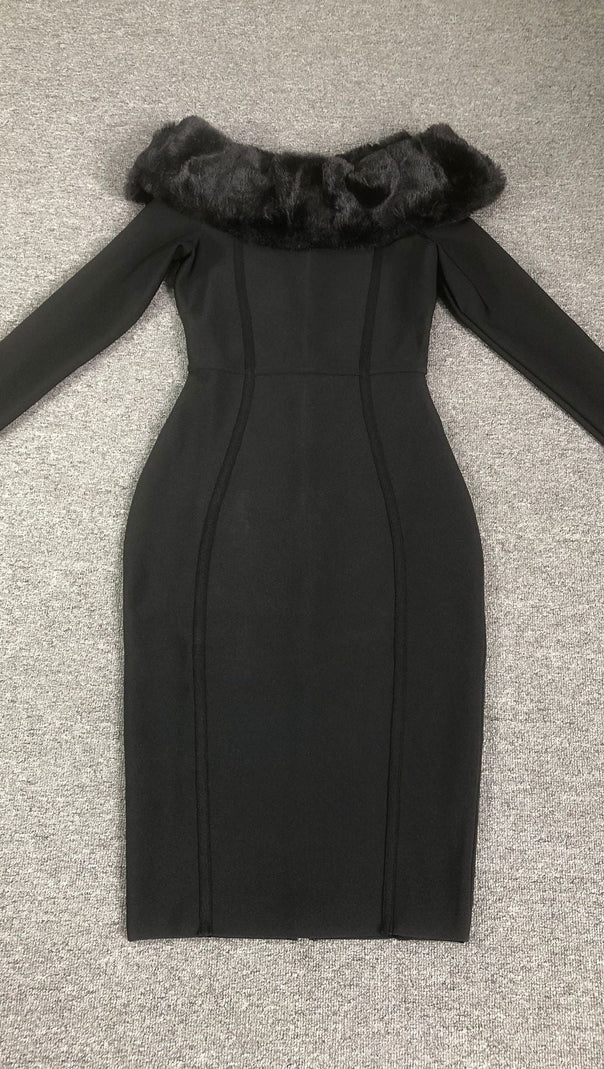 AIIZIE FUZZY TRIM SPLIT BODYCON STRAPLESS MIDI DRESS IN BLACK - product image
