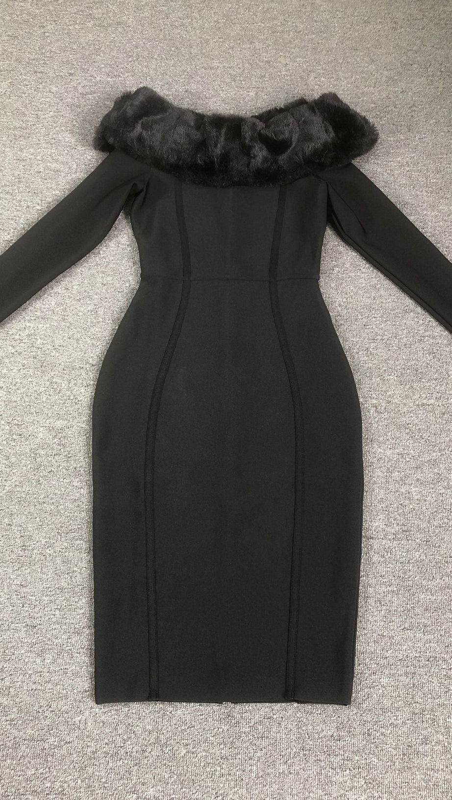 FUZZY TRIM SPLIT BODYCON STRAPLESS MIDI DRESS IN BLACK