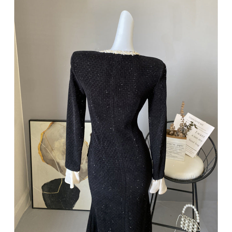 METALLIC YARN VELVET MIDI DRESS IN BLACK