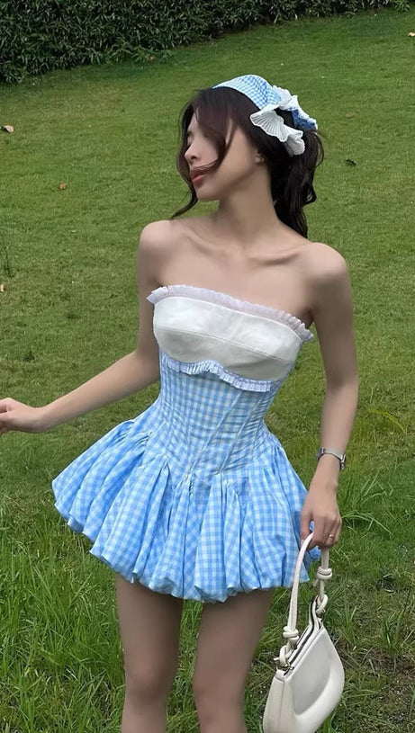 stephanie plaid strapless puffy mini dress - blue