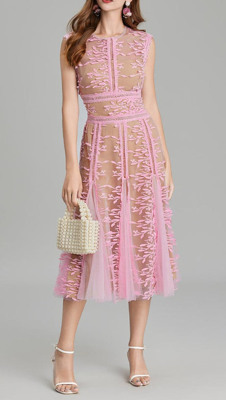 phoenix 3d Embroidered lace mesh midi dress in pink