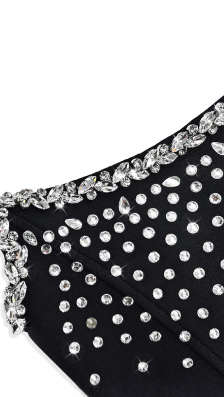 MINI ABITO CORTO CON BENDAGGI E STRASS NERO