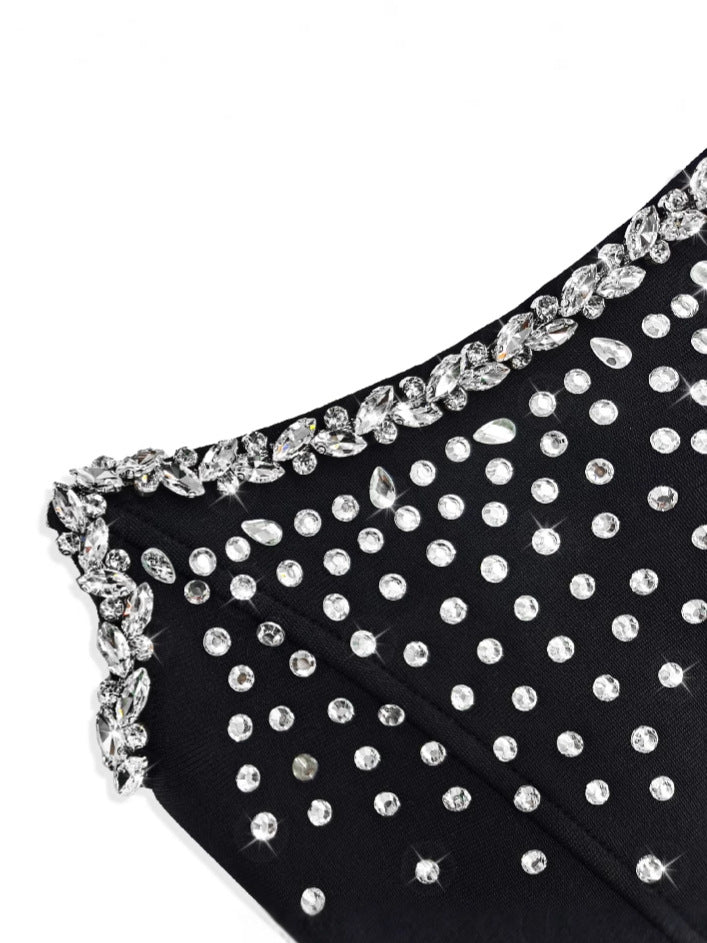 AIIZIE BANDAGE RHINESTONE MINI DRESS SHORT BLACK - product image