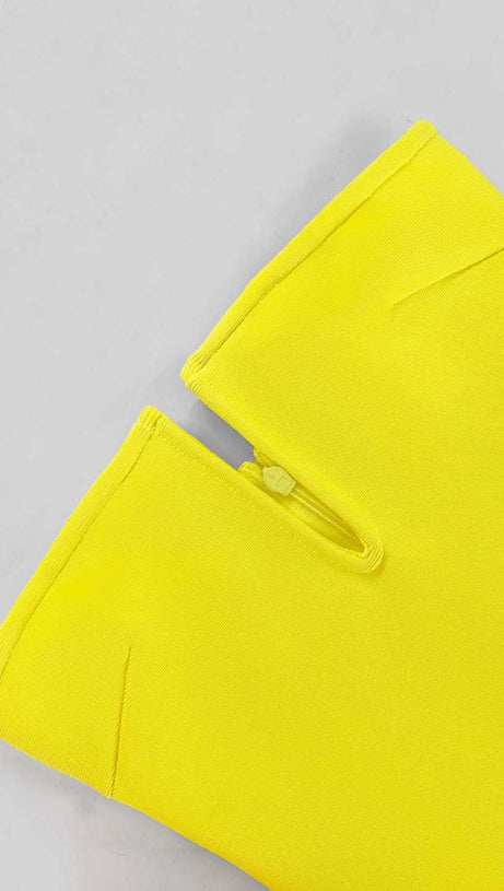 DEEP V TUBE TOP OSTRICH FEATHER HIP-WRAPPED MINI DRESS YELLOW