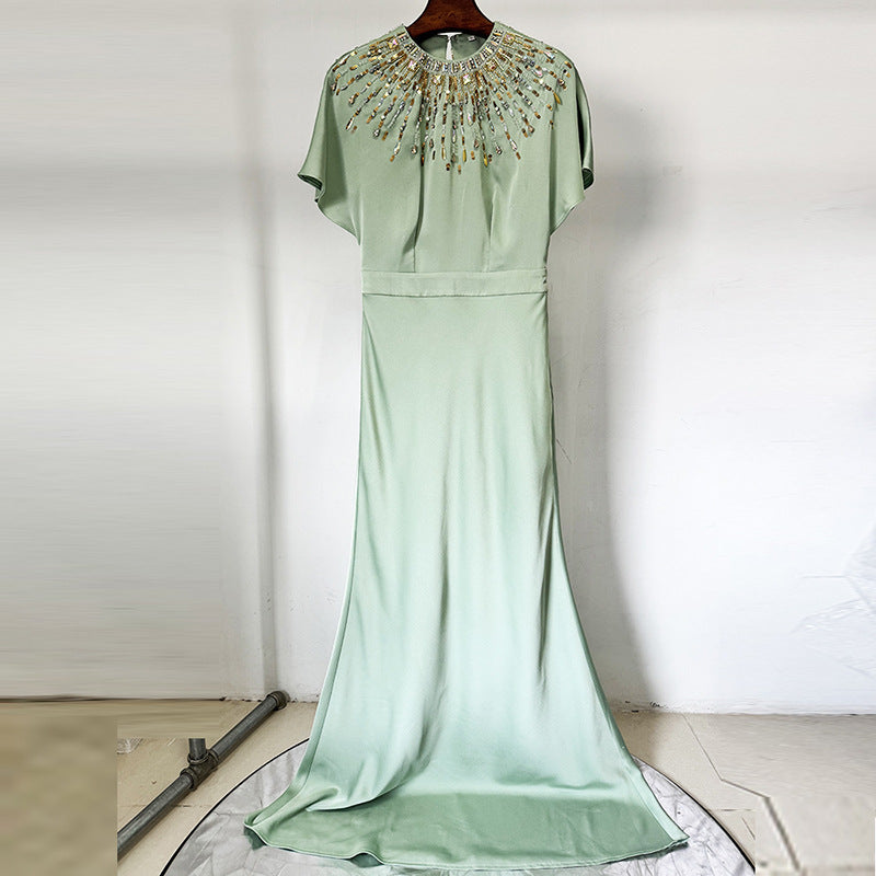 backless satin bead diamond maxi dress