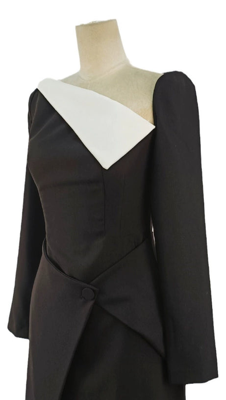 REGINA BLACK ASYMMETRIC NECK POLYCOTTON SHEATH MIDI DRESS