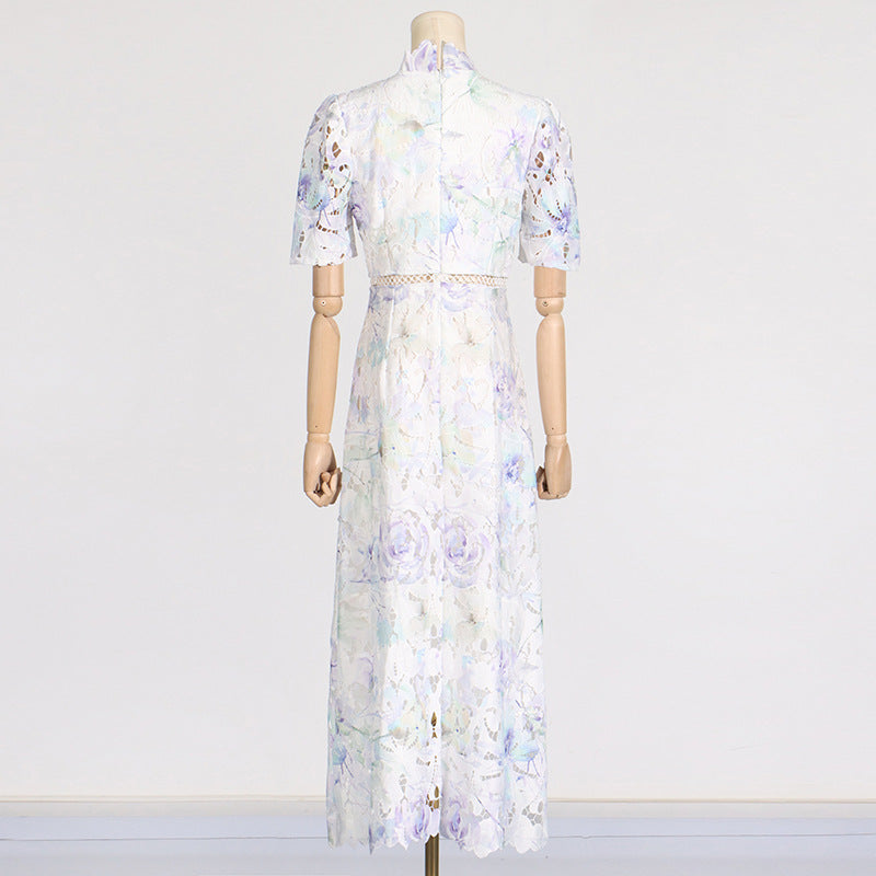 ABITO MIDI IN PIZZO CON MANICHE A SBUFFO E COLLO ALTO, BIANCO