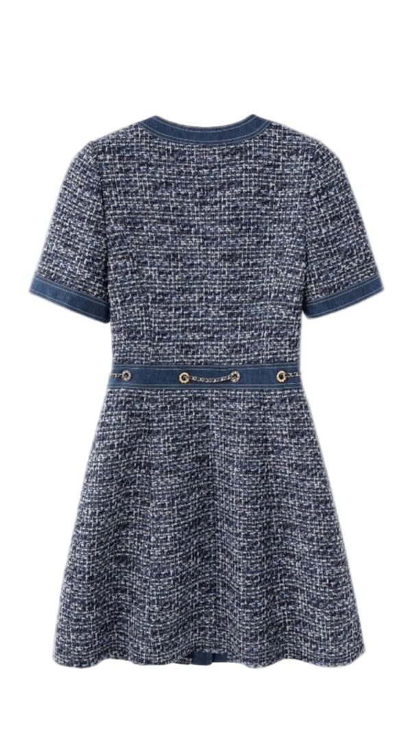 AIIZIE CHIC TWEED & DENIM MINI DRESS WITH GOLD CHAIN ACCENTS | HATSUYE - product image