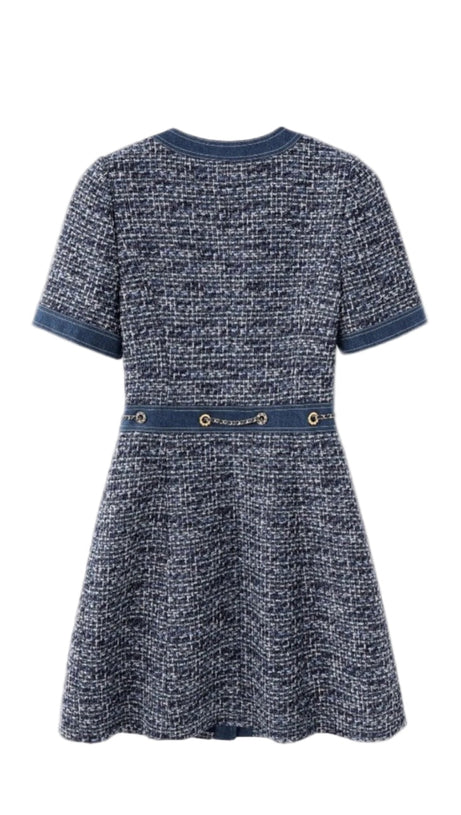 CHIC TWEED & DENIM MINI DRESS WITH GOLD CHAIN ACCENTS | HATSUYE
