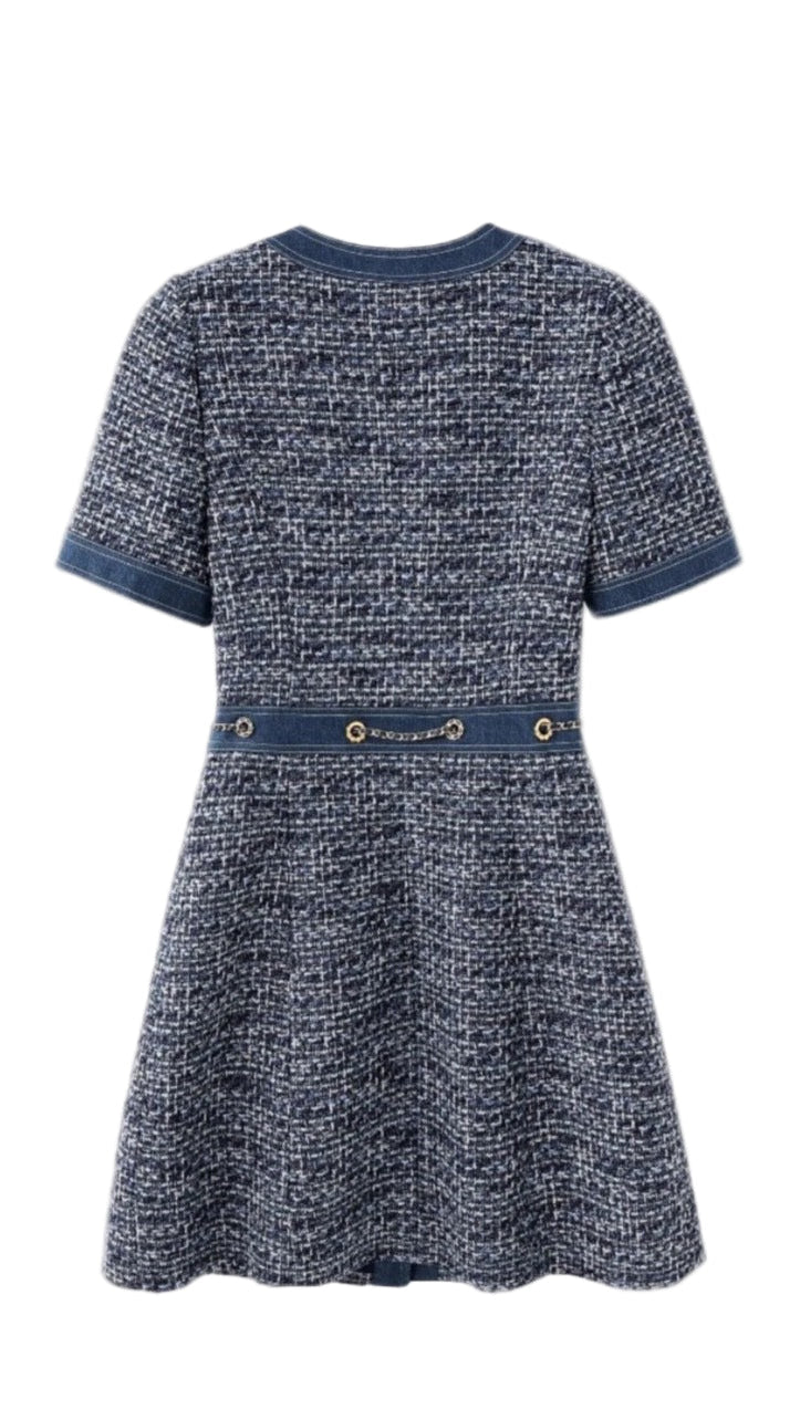 CHIC TWEED & DENIM MINI DRESS WITH GOLD CHAIN ACCENTS | HATSUYE