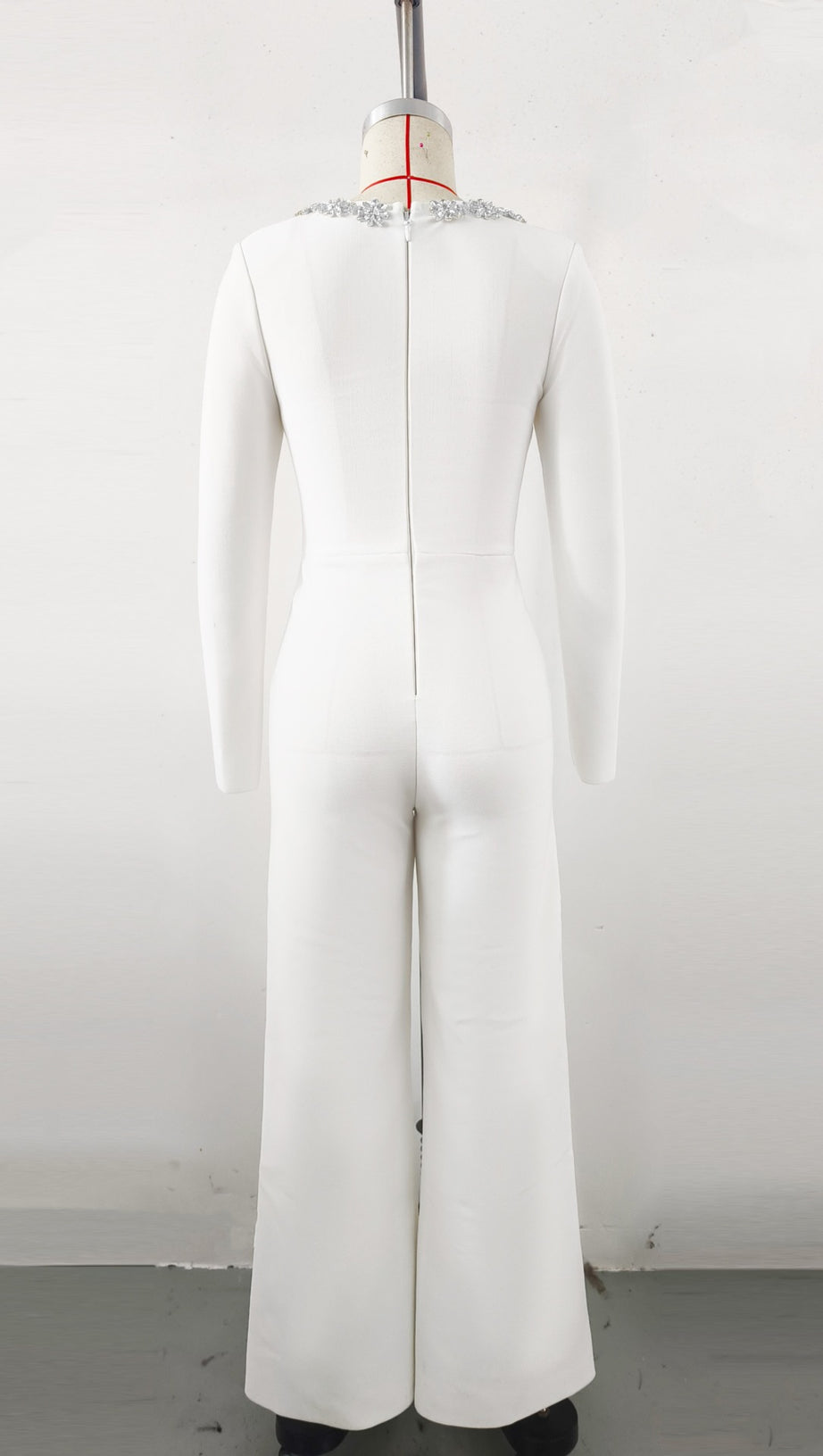 WHITE LONG - SLEEVED JUMPSUIT WITH WIDE - LEG PANTS