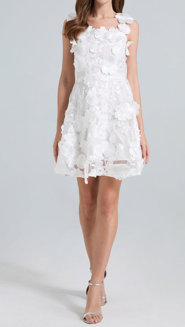 AIIZIE GEORGIA 3D FLORAL LACE MINI DRESS IN WHITE - product image