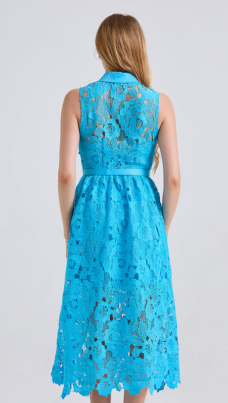 Ärmelloses, schmales Kleid mit hohem Bund und Kragen in Blau