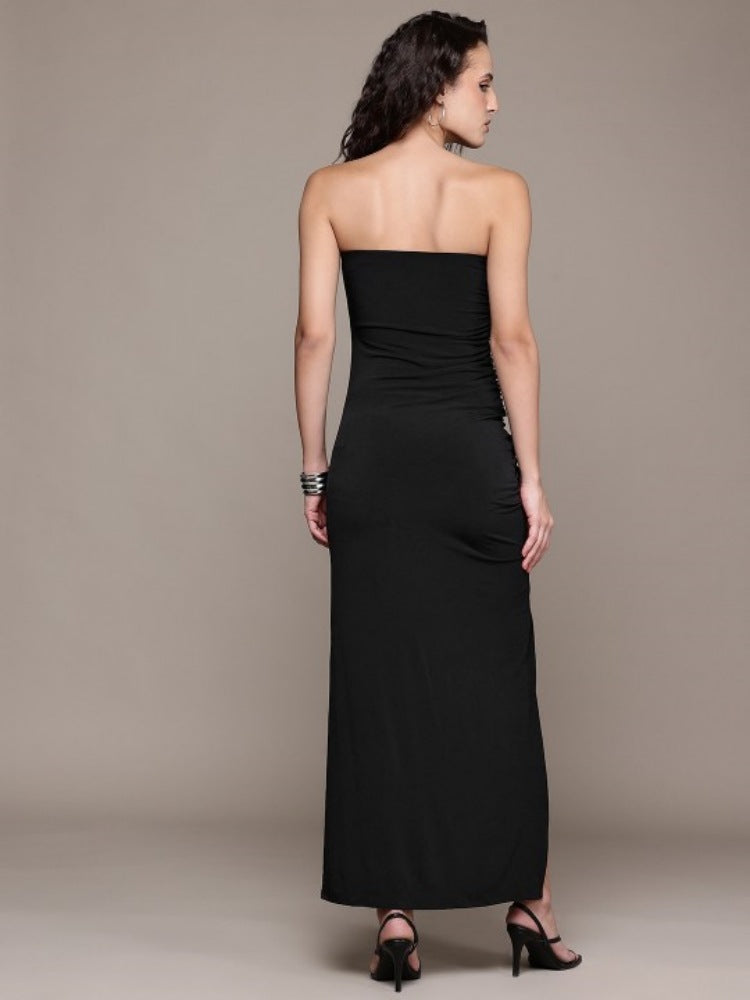 AIIZIE BLACK STRAPLESS RUCHED MIDI DRESS WITH FLORAL DETAILS - product image