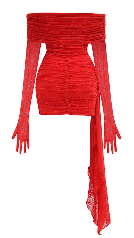 GUANTO IN PIZZO ROSSO CON SPALLE SCOPERTE - MINI ABITO INTEGRATO