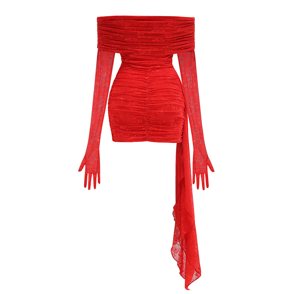 AIIZIE RED OFF - SHOULDER LACE GLOVE - ATTACHED MINI DRESS - product image