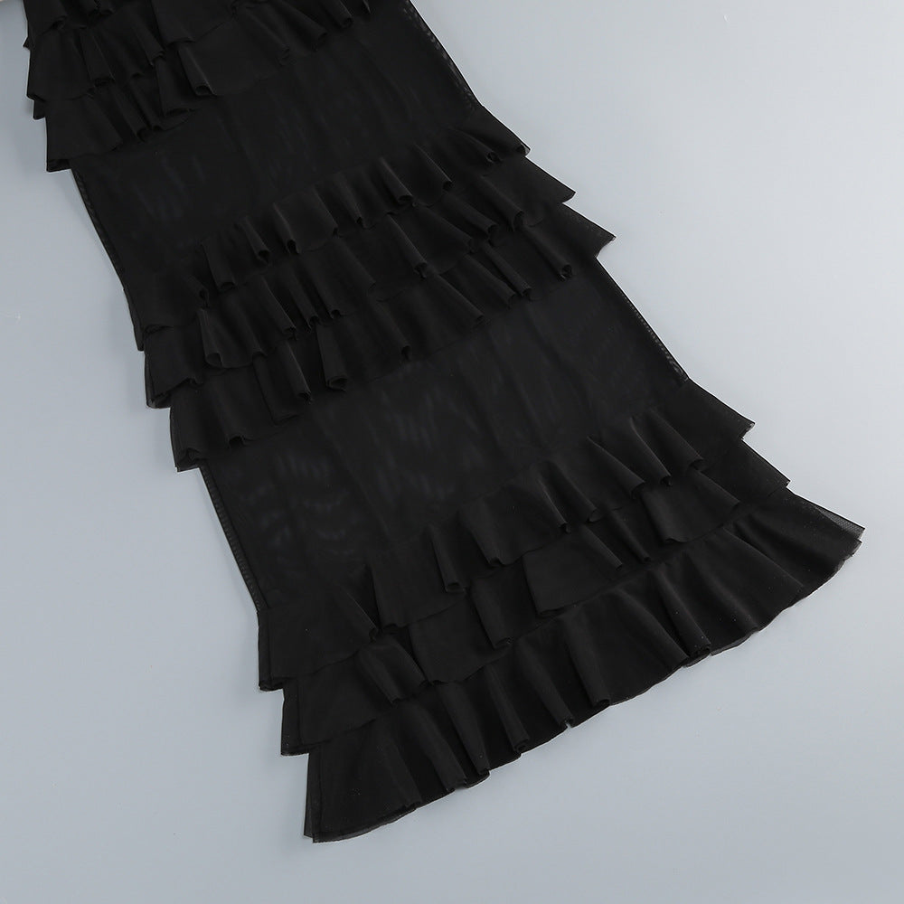 AIIZIE BLACK STRAPLESS TIERED RUFFLE MESH MIDI DRESS - product image