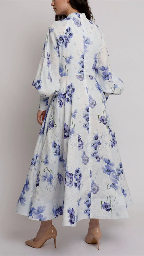 LANTERN SLEEVE FLORAL PRINT MAXI DRESS IN BLUE
