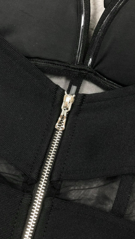 STRAPLESS FLORAL MESH BANDAGE DRESS MIDI DRESS BLACK