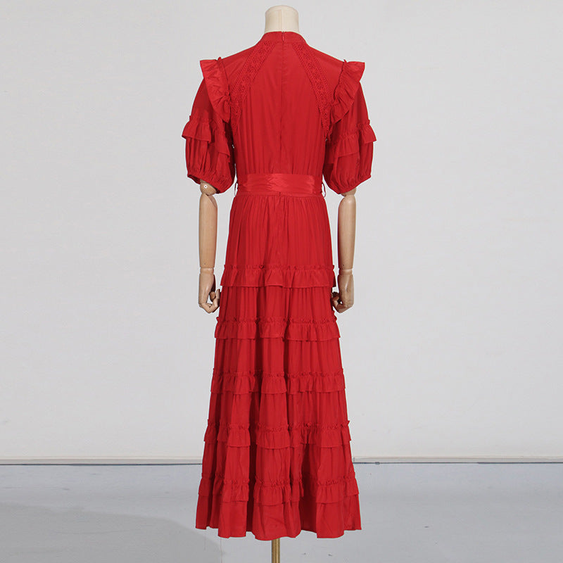 LACE RUFFLE TRIM LAYER MIDI DRESS IN RED