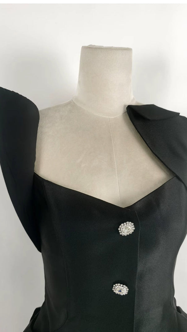 AIIZIE DIAMOND BUTTONED SATIN MINI DRESS IN BLACK - product image
