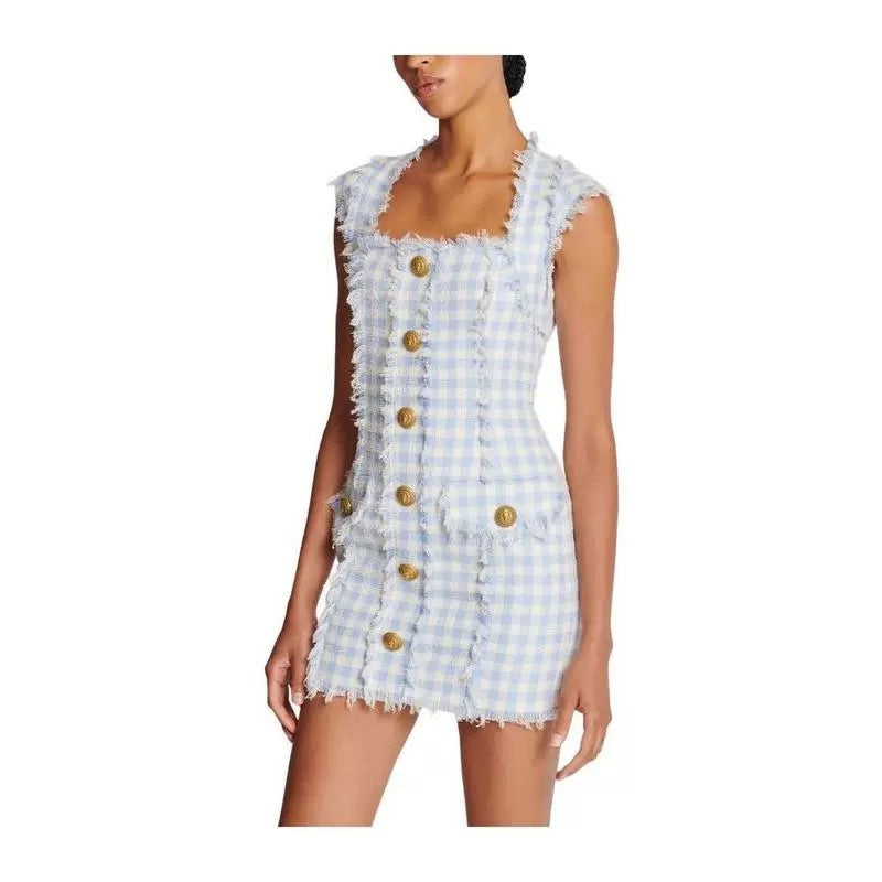 BLUE WHITE GINGHAM MINI DRESS