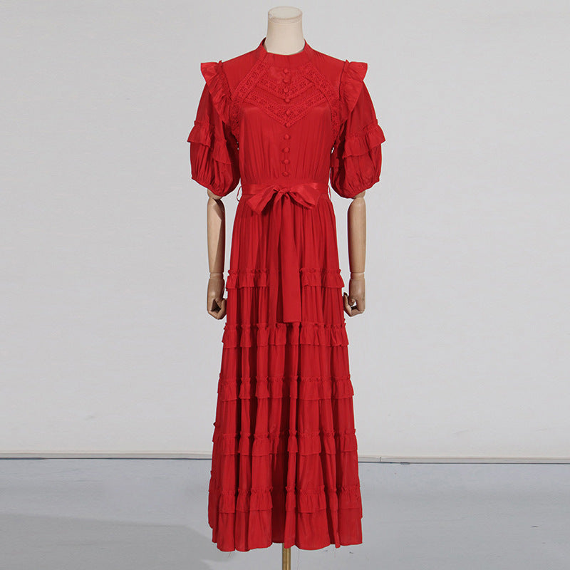 LACE RUFFLE TRIM LAYER MIDI DRESS IN RED