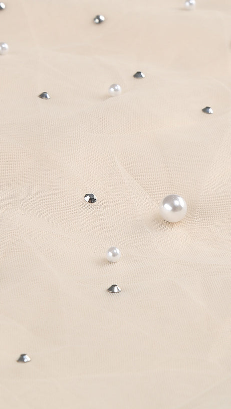 LIGHT BEIGE RHINESTONE - EMBELLISHED STRAPLESS MAXI DRESS