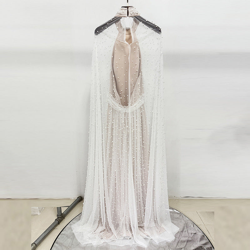 white Nail Bead Mesh maxi Dress
