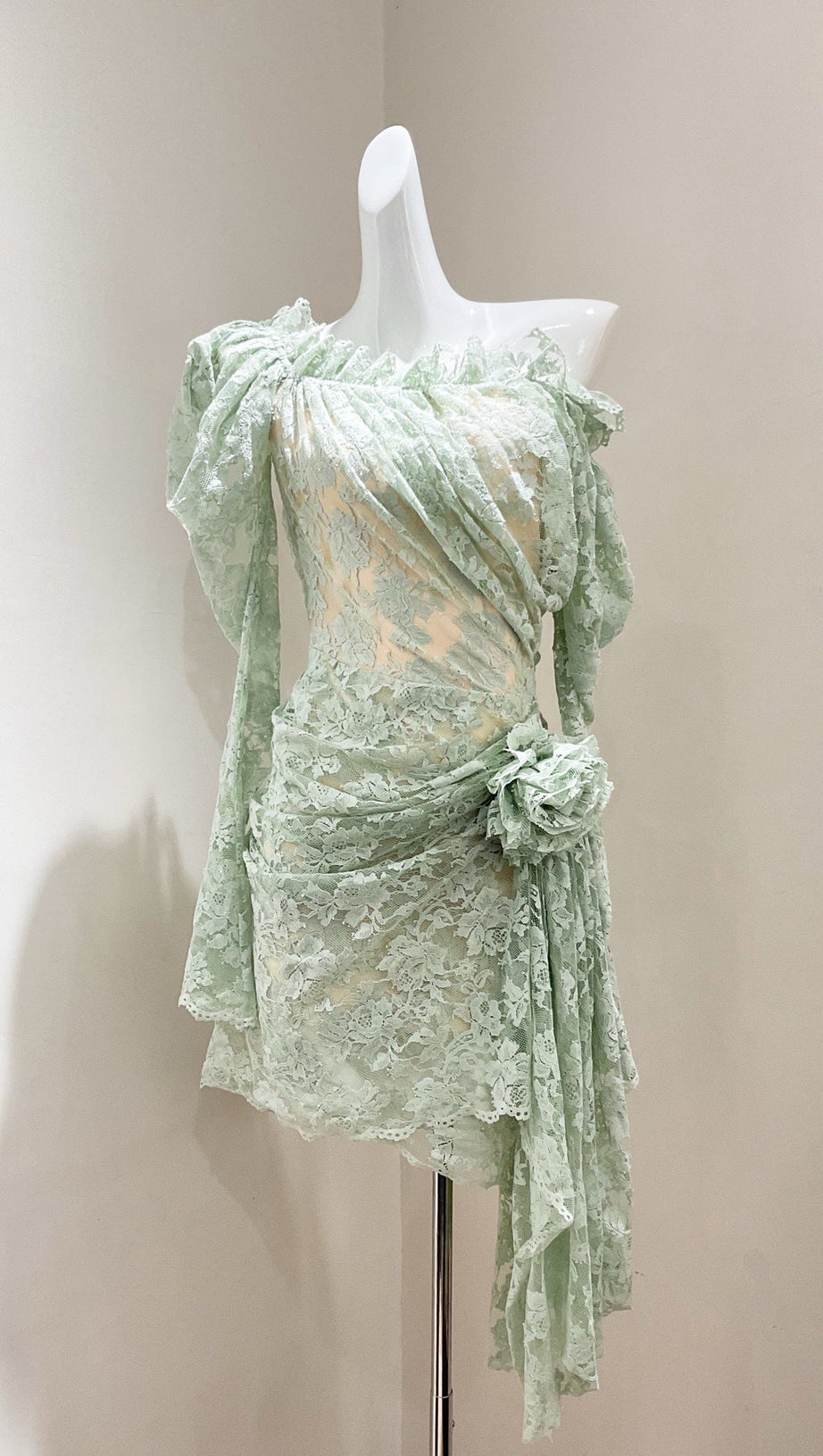 joanna 3d flower Lace hollow Asymmetrical mini Dress in green