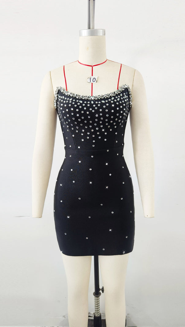 AIIZIE BANDAGE RHINESTONE MINI DRESS SHORT BLACK - product image
