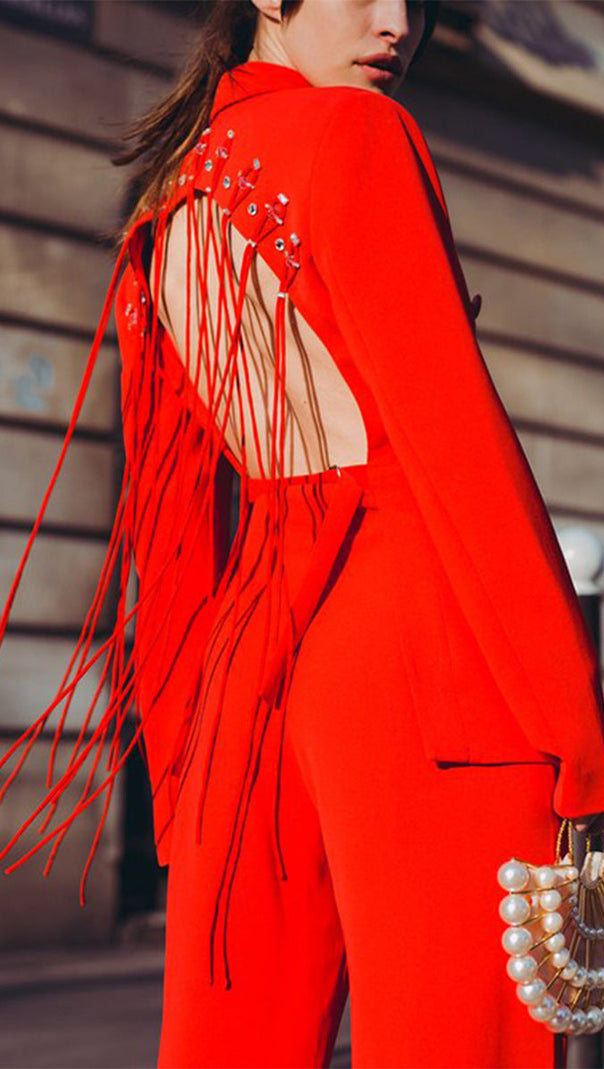 AIIZIE VIENNA CUTOUT FRINGE BACKLESS BLAZER IN RED - product image