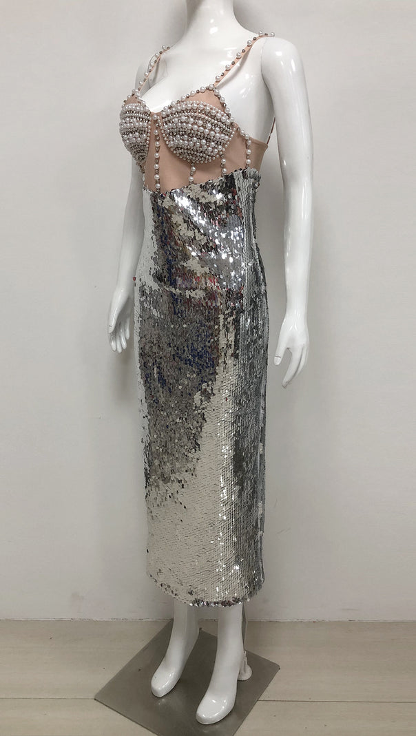 AIIZIE PEARL SILVER SEQUIN EVENING GOWN HALTER NECK MIDI DRESS - product image
